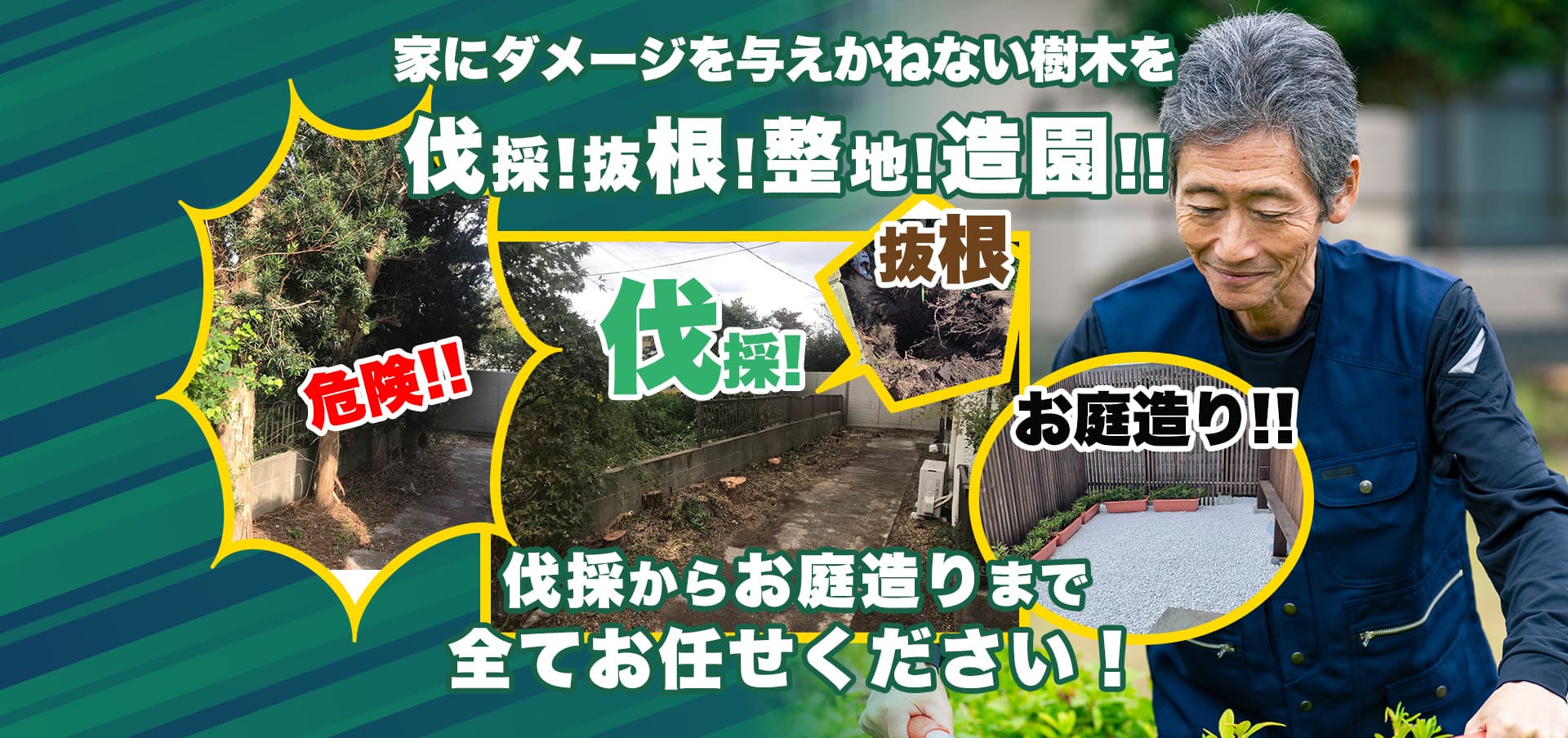 家にダメージを与えかねない樹木を伐採!抜根!整地!造園!!伐採からお庭造りまで全てお任せください！