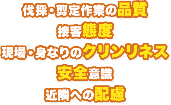 伐採・剪定作業の品質 接客態度 現場・身なりのクリンリネス 安全意識 近隣への配慮